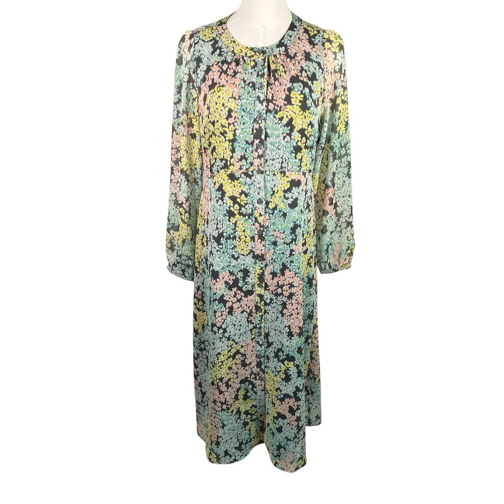 LOFT Size 4 Floral Midi Dress Grey Pastel Button Front Sheer Lined Long Sleeve